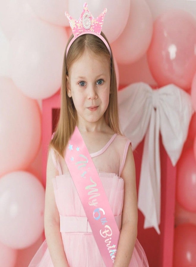 Exacoo 6th Birthday Girl Sash and Headband Set 6th Birthday Decorations for Girls Pink Sequins Pearl Princess Tiara Hairband,6 Year Old Happy Birthday Party Outfit Gifts - Image 4